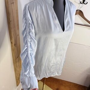 White House Black Market Light Blue Blouse Medium Split Neck Gathered Sleeve Top